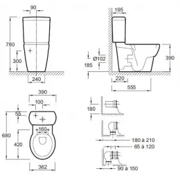 Унитаз-компакт Ove 39х68 см, нижняя подводка, горизонтальный выпуск, с сиденьем 19974W-00+E1558-00 Jacob Delafon