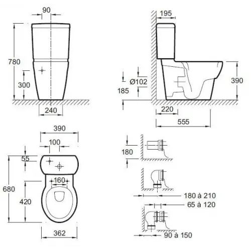 Унитаз-компакт Ove 39х68 см, нижняя подводка, горизонтальный выпуск, с сиденьем 19974W-00+E1558-00 Jacob Delafon