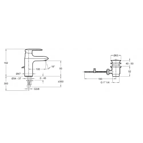 Смеситель для умывальника Kumin высокий, неповоротный излив, с донным клапаном, термостат E98827-CP Jacob Delafon