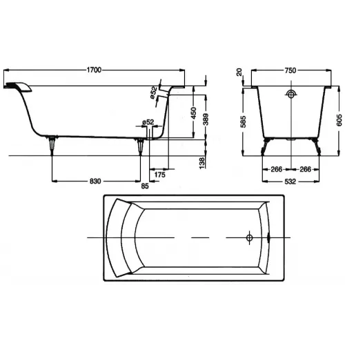 Чугунная ванна Biove 170х75 см, антискользящее покр. E2930-00 Jacob Delafon