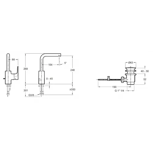 Высокий смеситель на столешницу Aleo 24,8 см, поворотный излив, с донным клапаном E72278-CP Jacob Delafon
