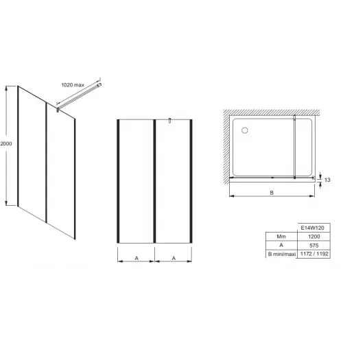 Душевая перегородка Walk-In Serenity 120х200 см, анти-известковое покрытие, 6 мм, черный профиль E14W120-BLV Jacob Delafon