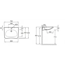 Подвесная раковина Handilav Washbasin 70х54,5х14,6 см, одно отверстие для смесителя, без переливного отверстия, санфарфор E1980-00 Jacob Delafon