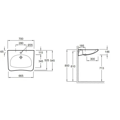 Подвесная раковина Handilav Washbasin 70х54,5х14,6 см, одно отверстие для смесителя, без переливного отверстия, санфарфор E1980-00 Jacob Delafon