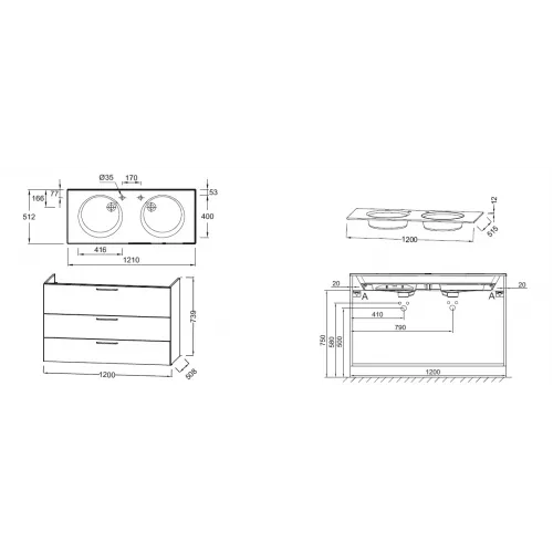 Модуль под раковину Odeon Rive Gauche 120х50,8х73,9 см, 3 ящика, эвкалипт глянцевый, белые ручки EB2535-R6-G1O Jacob Delafon