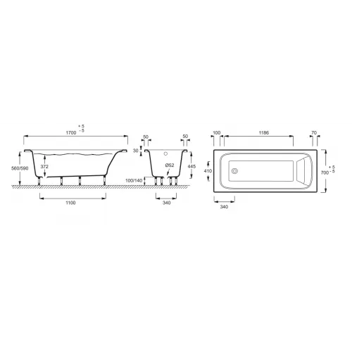 Ванна из материала Flight Elite 170х70 см, со специальным щелевидным отверстием перелива E6D030-00 Jacob Delafon