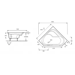 Акриловая ванна Bain-douche 145х145 см, с антискользящим покрытием, левосторонняя, угловая симметричная E6222-00 Jacob Delafon