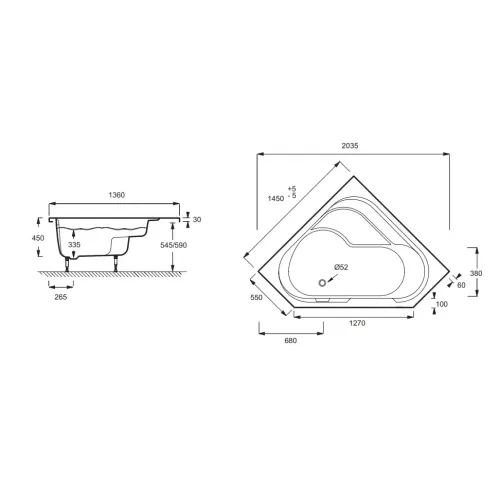 Акриловая ванна Bain-douche 145х145 см, с антискользящим покрытием, левосторонняя, угловая симметричная E6222-00 Jacob Delafon