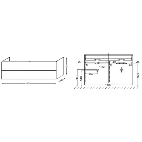 Модуль под раковину Vox 140х46х45,2 см, ореховое дерево, прямоугольная ручка, 4 ящика EB2070-R2-E16 Jacob Delafon