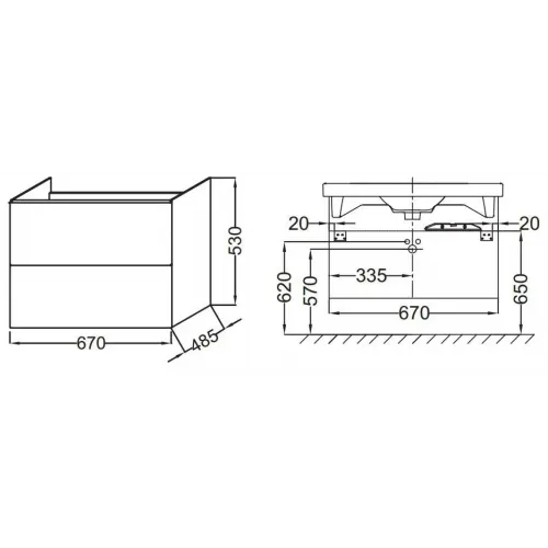 Модуль с раковиной Odeon Up 70 см, белый блестящий, с двумя ящиками, плавное закрывание, подвесной монтаж E4732-00+EB890-N18 Jacob Delafon