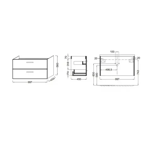 Модуль с раковиной Ola 100 см, подвесная, с двумя ящиками, плавное закрывание , раковина-столешница, тёмный дуб, подвесной монтаж EXU112-00+EB392-NR Jacob Delafon