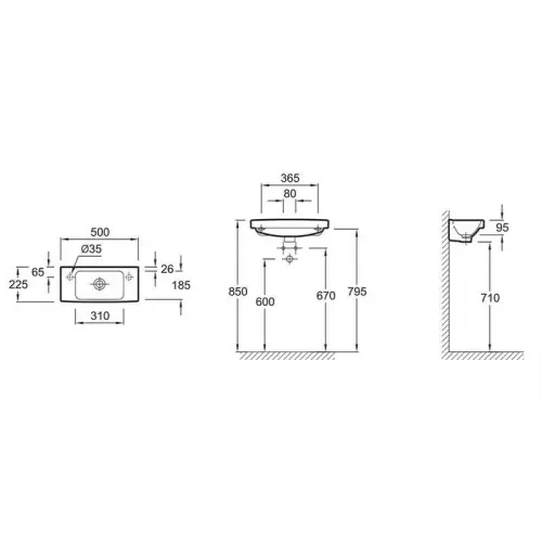 Подвесная раковина Odeon Up 50х22,5х9,5 см, с 2 размеченными отверстиями для смесителей, без переливного отверстия, санфарфор E4701-00 Jacob Delafon