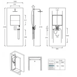 Душевой сет со стеновой панелью Ecrin 100х233,5 см, металлический серый, квадратная лейка, подсветка, термостат, верхний душ, с лейкой E803021-D36 Jacob Delafon