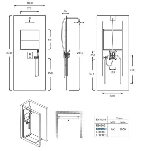 Душевой сет со стеновой панелью Ecrin 100х233,5 см, металлический серый, квадратная лейка, подсветка, термостат, верхний душ, с лейкой E803021-D36 Jacob Delafon