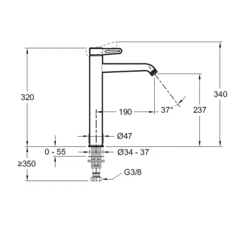 Смеситель для умывальника Nouvelle Vague высокий, матовый хром, неповоротный излив, без донного клапана E78340-CAT Jacob Delafon