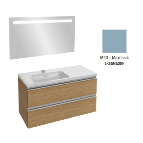 Комплект мебели для ванной Vox 100 см, матовый аквамарин, левосторонняя, 2 ящика, с функцией анти-пар, подвесной монтаж, с подсветкой EB1416-NF+EXAC112-Z-00+EB2025-RA-M43 Jacob Delafon