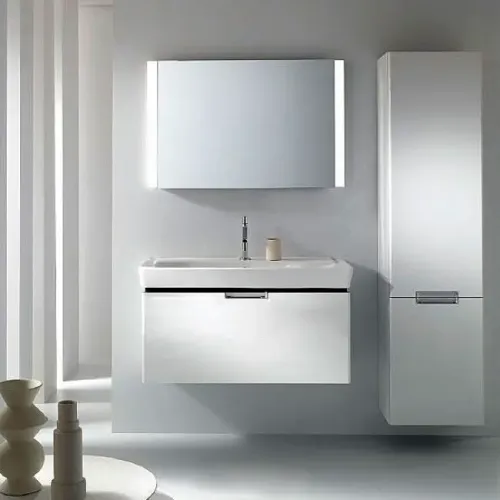 Комплект мебели для ванной Reve 80 см, белый лак, с 1 выдвижным ящиком, с бельевой корзиной, с подсветкой, подвесной монтаж E4803-00+EB1131-G1C+EB582-NF Jacob Delafon