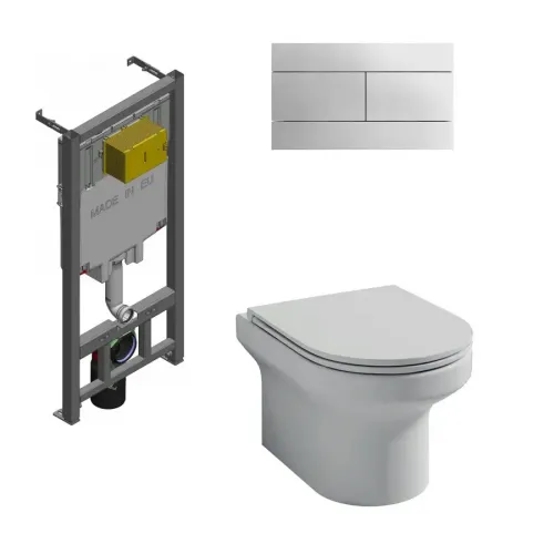 Комплект унитаза с инсталляцией Elite горизонтальный выпуск, клавиша хром, с микролифтом, безободковый, с кнопкой E29025-NF-M27 Jacob Delafon