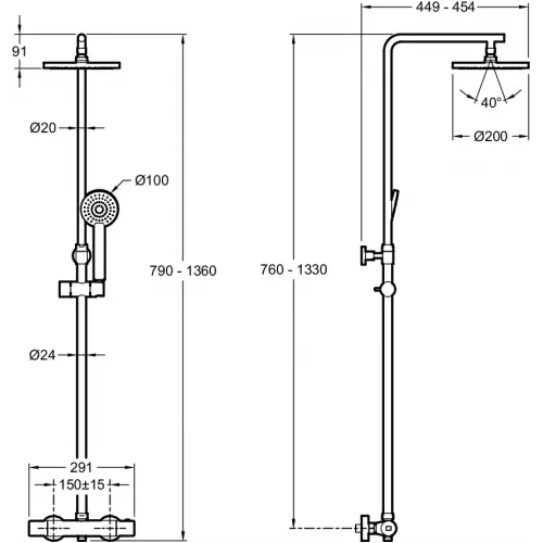 Душевая система без излива Marcel 1 режим, 20 см, round, термостат, верхний душ, с лейкой E25084-CP Jacob Delafon