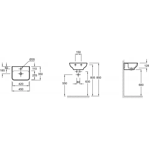Подвесная раковина Struktura 45х35х12,8 см, 1 отв. под смеситель, без перелива, санфарфор EGH011-00 Jacob Delafon