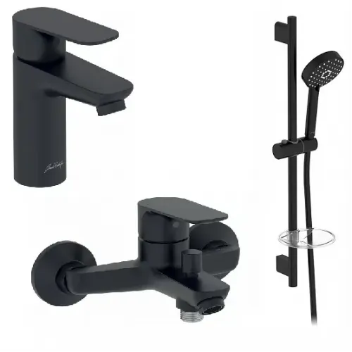 Комплект смесителей Oscar матовый, лейка 5 режимов, чёрный цвет, для раковины, для ванны и душа, душевой гарнитур E29845RU-BL Jacob Delafon