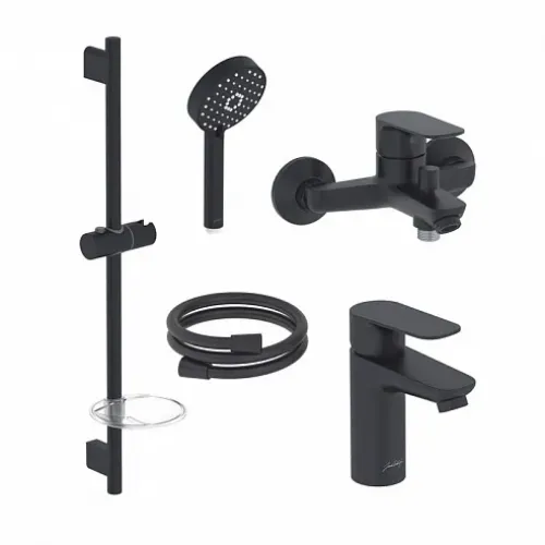 Комплект смесителей Oscar матовый, лейка 3 режима, чёрный цвет, для раковины, для ванны и душа, душевой гарнитур E29847RU-BL Jacob Delafon