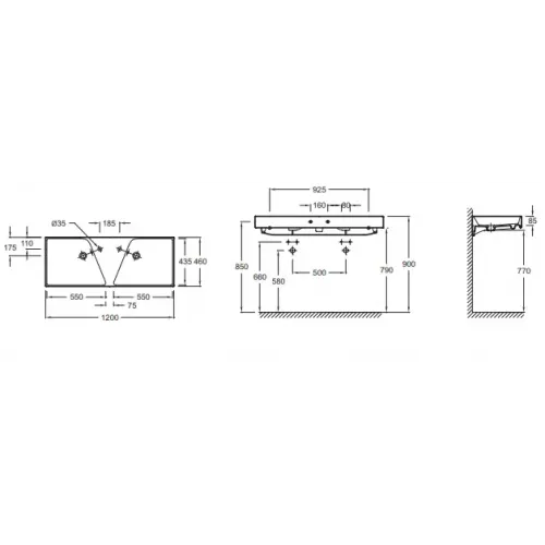 Подвесная раковина Rythmik 120х46х8,5 см, два отверстия для смесителя слева и справа, санфарфор, двойная EXM112-00 Jacob Delafon