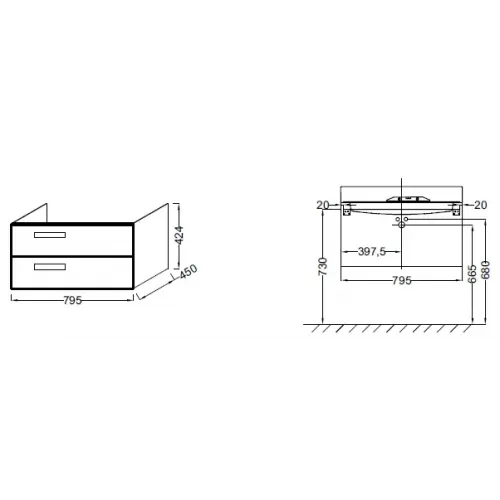 Модуль под раковину Rythmik 79,5х45х42,4 см, серая кожа, 2 выдвижных ящика EB1303-N29 Jacob Delafon