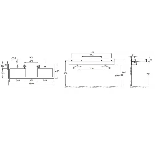Подвесная раковина Terrace 150х49х8,9 см, c подсветкой, 2 отверстия для смесителя справа и слева, система слива freedrain, санфарфор, двойная EXA9112-00 Jacob Delafon