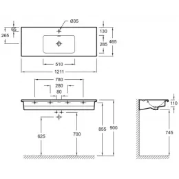 Модуль с раковиной Vox 120 см, ореховое дерево, изогнутая ручка, 3 ящика, раковина посредине, подвесной монтаж EXAB112-Z-00+EB2091-R1-E16 Jacob Delafon