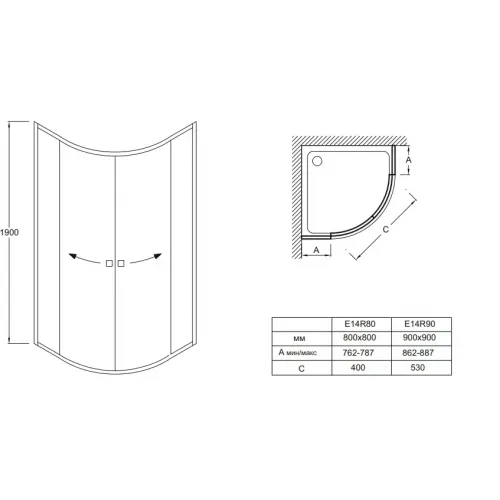 Душевое ограждение Serenity 80х80х190 см, четверть круга, 6 мм E14R80-GA Jacob Delafon