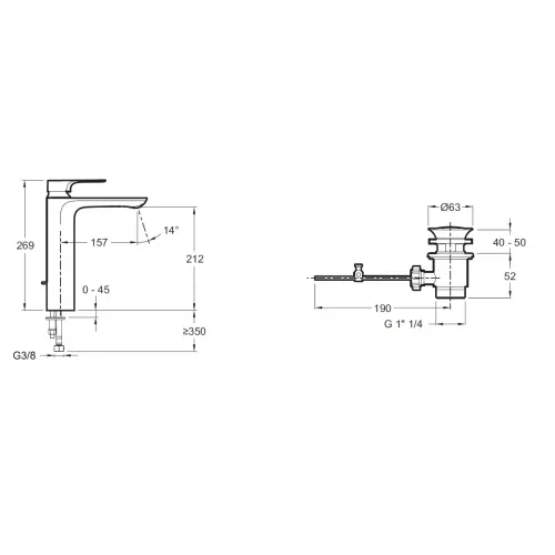 Высокий смеситель на столешницу Aleo+ 21,2 см, неповоротный излив, с донным клапаном E72337-CP Jacob Delafon