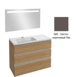 Комплект мебели для ванной Vox 100 см, светло-коричневый лак, левосторонняя, 3 выдвижных ящика, с функцией анти-пар, с подсветкой, подвесной монтаж EB1416-NF+EXAC112-Z-00+EB2045-RA-G80 Jacob Delafon