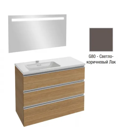 Комплект мебели для ванной Vox 100 см, светло-коричневый лак, левосторонняя, 3 выдвижных ящика, с функцией анти-пар, с подсветкой, подвесной монтаж EB1416-NF+EXAC112-Z-00+EB2045-RA-G80 Jacob Delafon
