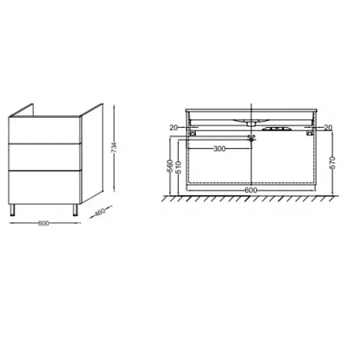 Модуль под раковину Vox 60х46х73,4 см, серый антрацит блестящий, с изогнутой ручкой, 3 выдвижных ящика EB3000-R1-442 Jacob Delafon