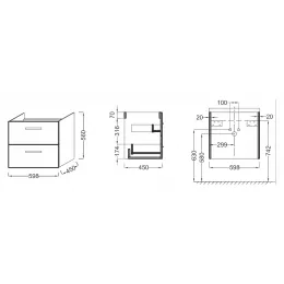 Модуль с раковиной Ola 61 см, с двумя ящиками, плавное закрывание , раковина-столешница, тёмный дуб, подвесной монтаж EXS112-00+EB390-NR Jacob Delafon