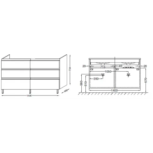 Модуль под раковину Vox 140х46х73,5 см, белый блестящий, 6 выдвижных ящиков, встроенные ручки EB2040-RA-G1C Jacob Delafon