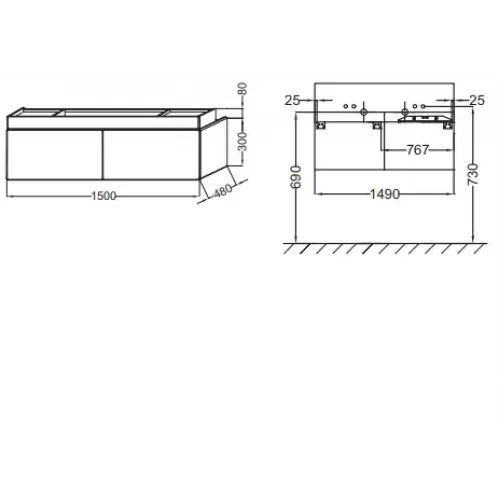Модуль под раковину Terrace 150х48х38 см, светло-коричневый блестящий, 1 ящичек для аксессуаров из цельного дерева и 2 выдвижных ящика, система push-to-open EB1189-G80 Jacob Delafon