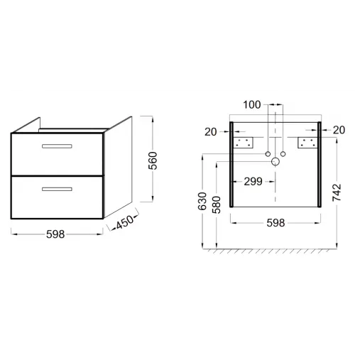 Модуль с раковиной Ola 61 см, с двумя ящиками, серый антрацит, подвесной монтаж EXS112-00+EB390-N14 Jacob Delafon