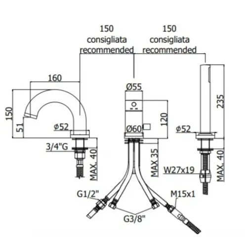 Смеситель на борт ванны с душем Paffoni Light LIG047NO