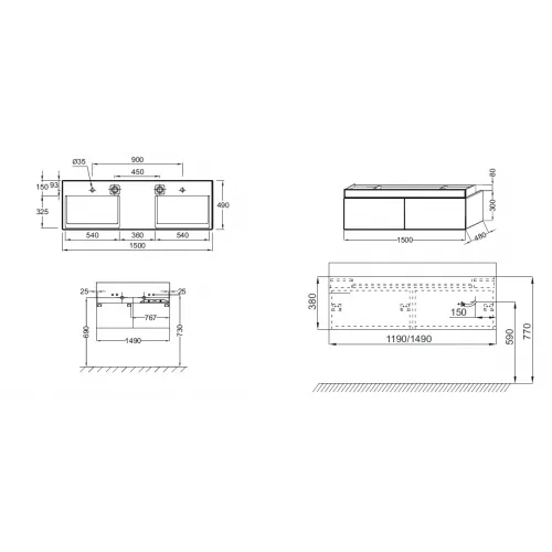 Модуль под раковину Terrace 150х48х38 см, 2 розетки, ледяной коричневый глянцевый, верхний ящик из цельного дерева, система push-to-open EB1734RU-N23 Jacob Delafon