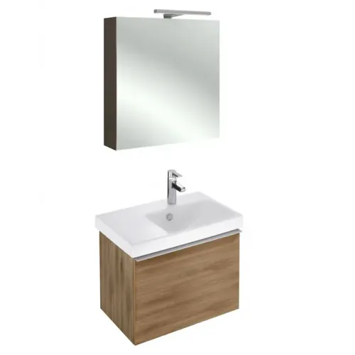 Комплект мебели для ванной Odeon Up 65 см, квебекский дуб, 1 выдвижной ящик, с левым крылом, зеркальные двойные дверцы, с подсветкой, подвесной монтаж E4758G-00+EB886-E10+EB795DRU-E10 Jacob Delafon