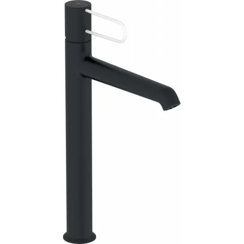 Высокий смеситель на столешницу Odeon Rive Gauche 33,2 см, белая ручка, чёрный цвет, неповоротный излив, с донным клапаном E21030-00-BL Jacob Delafon