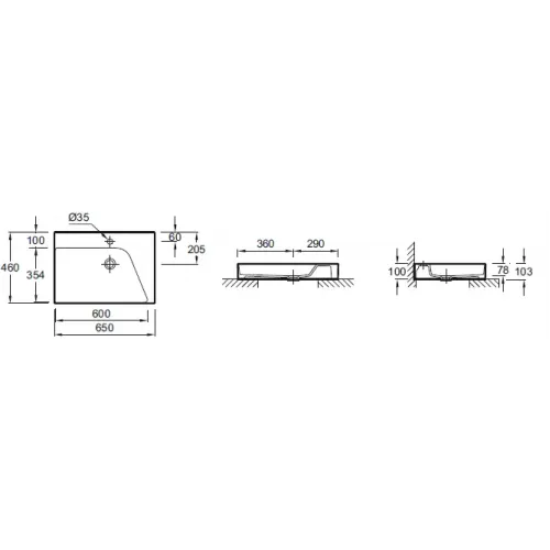 Подвесная раковина Rythmik pure 65х46х10,3 см, лвосторонняя, 1 отверстие для смесителя, без переливного отверстия, санфарфор EVN112-00 Jacob Delafon
