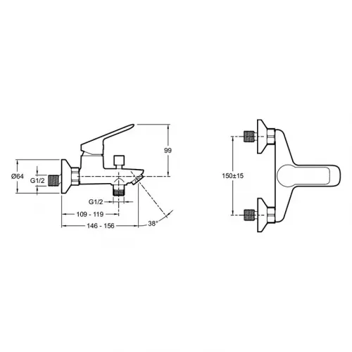 Настенный смеситель Lucien неповоротный излив, с выходом на душ (без лейки) E20848-CP Jacob Delafon
