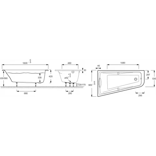 Акриловая ванна Odeon Up 160х90 см, левосторонняя, асимметричная E6065-00 Jacob Delafon
