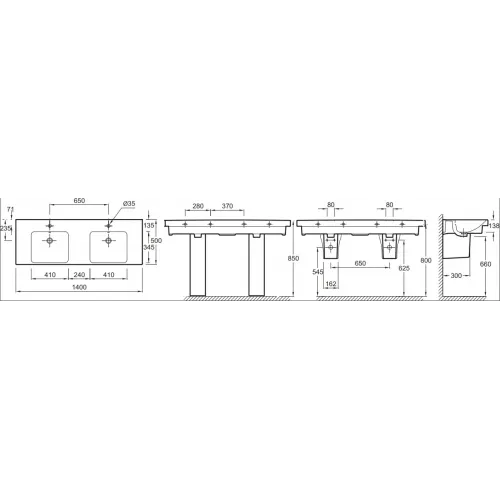 Модуль с раковиной Odeon Up 140 см, белый блестящий, 4 выдвижных ящика, двойная раковина, подвесной монтаж E4779-00+EB997-G1C Jacob Delafon