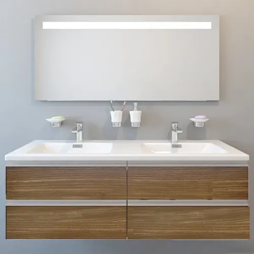 Комплект мебели для ванной Vox 140 см, ореховое дерево, 4 ящика, двойная раковина-столешница, с подсветкой, подвесной монтаж EB1420-NF+EB2020-RA-E16+EXAA112-Z-00 Jacob Delafon