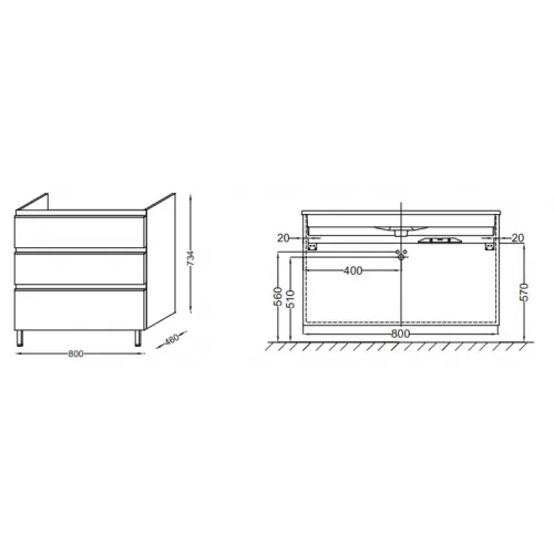 Модуль под раковину Vox 80х46х73,4 см, белый блестящий, 3 ящика, прямоугольная ручка EB2098-R2-N18 Jacob Delafon