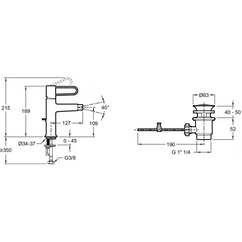 Смеситель для биде Odeon Rive Gauche ручка белая, белый цвет, с донным клапаном E21033-00-00 Jacob Delafon